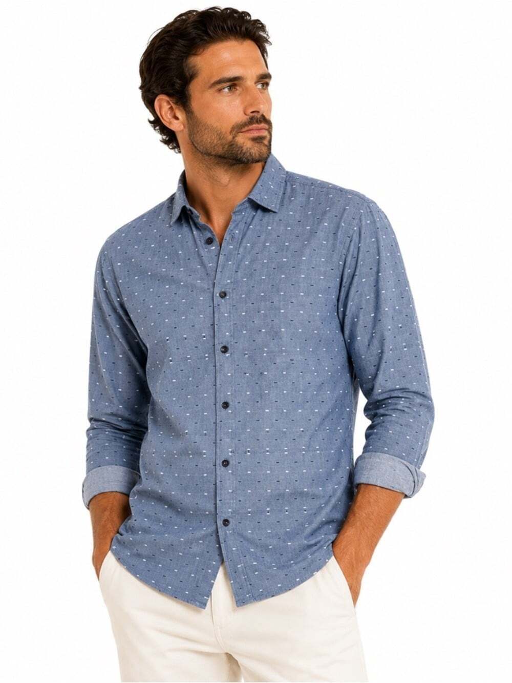 Hugo Boss Slim Fit Blue Denim Casual Button Down Dress Shirt Size Large